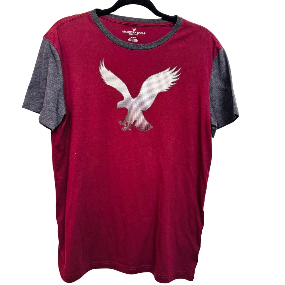 American Eagle Mens M Graphic Eagle Logo Ringer T-Shirt Burgundy Grey